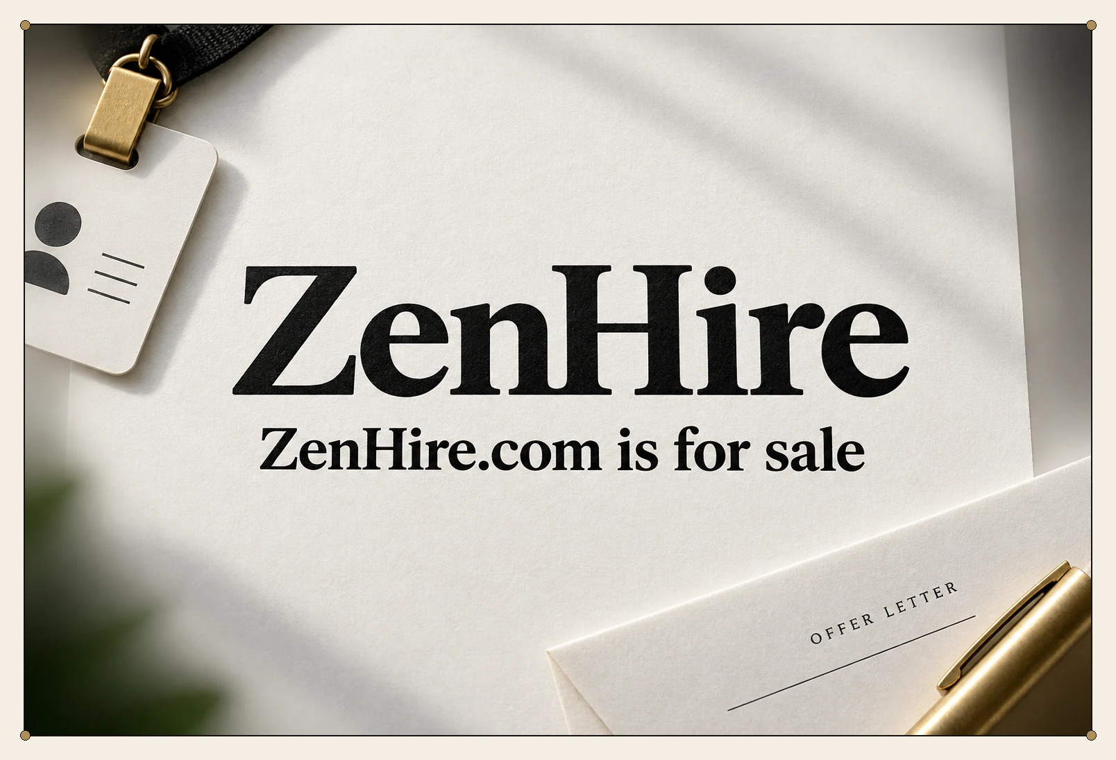 Offer letter for ZenHire.com beside a visitor badge and interview notebook